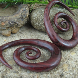 May include: Two wooden spiral ear gauges, one on top of the other, with a dark reddish-brown color.