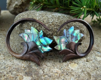 Pair of 8G  Real gauge   Hand  Carved  Sono wood and Paua Shell,  Tribal Earring, Organic Gauge L4510