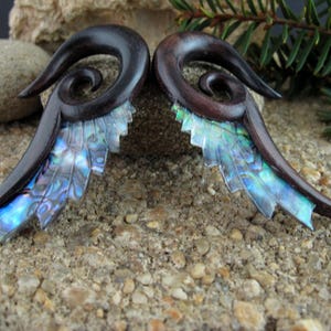 00G  Hand Carved  Sono wood & Abalone, Real gauge, Seraphim gauge,Tribal Earring,Organic Gauge L4259