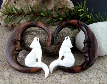 2G (6 mm),  Tribal Gauge ,Howling Wolf  and Crescent Moon , Body Piercing Jewelry L4103