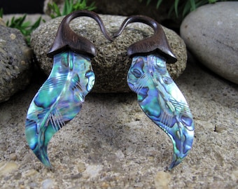 10G Carved  Paua and  sono wood Gauged  Earrings, wedding gauge, Organic gauge, Body Piercing jewelry L4563