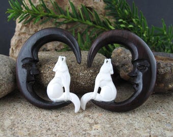 0g -8mm,   Tribal Gauged ,howling wolf  and crescent moon , Body Piercing Jewelry L4103
