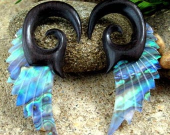 00G- 10mm  Real gauge   Hand  Carved  Sono wood and Abalone, Real gauge, Seraphim gauge,  Tribal Earring, Organic Gauge L4258