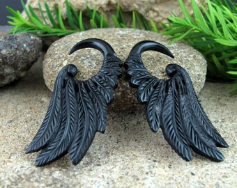 8G (3 mm) Carved Buffalo horn  Seraphim Wing Gauged Earrings, Organic gauge, Body Piercing jewelry L1903