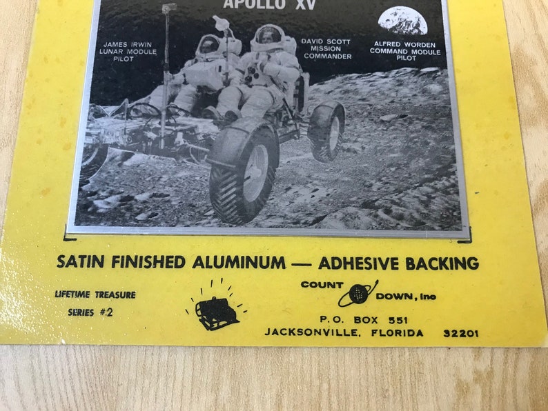 Satin finished aluminum with adhesive backing from Countdown Inc Jacksonville Apollo XV Lunar Rover Plaque Florida -