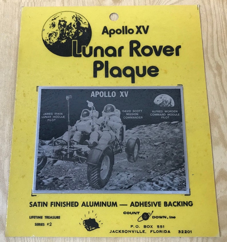 Satin finished aluminum with adhesive backing from Countdown Inc Jacksonville Apollo XV Lunar Rover Plaque Florida -