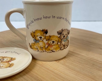 Cute vintage Hallmark mug with lid! Mug Mates &quot;friendship is a cozy feeling&quot; cup for coffee tea cocoa decaf - made in Japan.