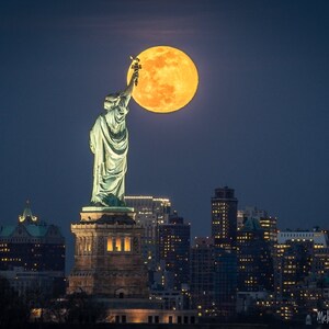 New York Photography, Statue of Liberty, Lady Liberty, Night Photography, Moon Photography, Supermoon, Worm Moon, Moon Photo Print