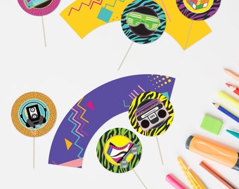 Digital: 80's Party Cupcake Toppers and wrappers/ Instant Download / Birthday / Retro