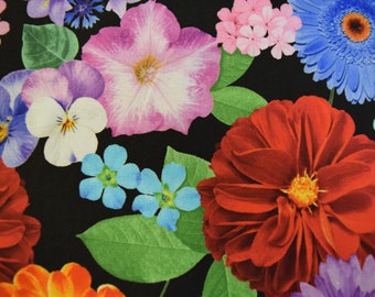 Bright Mixed Flowers from the Garden Bouquet by Chong-A Whong for Timeless Treasures, Quilt or Craft Fabric.  Fabric by the Yard.