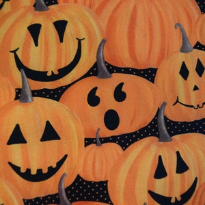 May include: A black background with orange pumpkins with different facial expressions. The pumpkins have black eyes, noses, and mouths. Some pumpkins have a smiling face, while others have a surprised or frowning face.