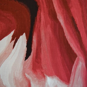 May include: Abstract painting with a close-up view of brushstrokes in shades of red, white, and black. The artwork features a textured, layered effect, creating a dynamic and expressive composition. The painting's style is modern and artistic.
