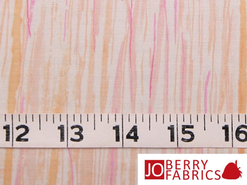 May include: White fabric with thin vertical stripes in peach and pink. A measuring tape shows 12 to 16 inches.