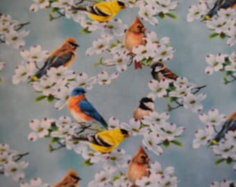 Dogwood and Birds from the New Beginning Collection by Abraham Hunter for 3 Wishes Fabrics.
