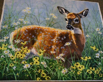 Spring Deer panel in Watercolor by Abraham Hunter for David Textiles.  Fabric by the Panel.