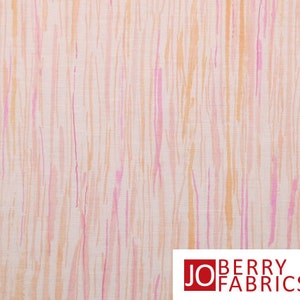 May include: A white fabric with a vertical striped pattern in shades of pink and orange.