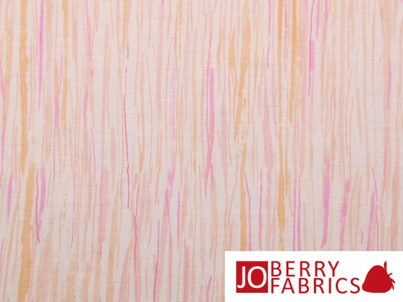 May include: A white fabric with a vertical striped pattern in shades of pink and orange.