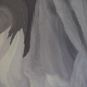 May include: Abstract painting with a blend of gray, white, and black colors. The painting features a series of overlapping brushstrokes that create a sense of depth and movement.