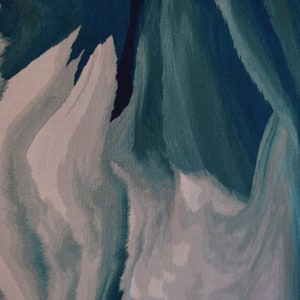 May include: Abstract painting with a blue, green, and white color scheme. The painting features a swirling, flowing design.