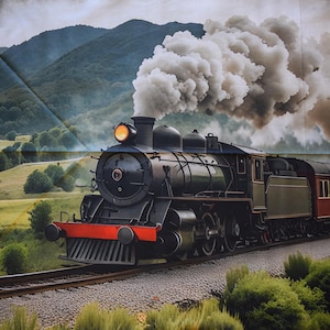 May include: A black steam locomotive travels along train tracks through a green mountainous landscape. The train features a bright yellow headlight, a red front bumper, and emits a large plume of white smoke into the cloudy sky above.