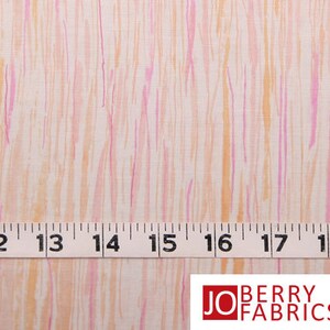 May include: White fabric with thin pink and orange stripes. A white measuring tape with black numbers is placed on top of the fabric. The numbers on the tape read 12, 13, 14, 15, 16, 17, 18, and 19.