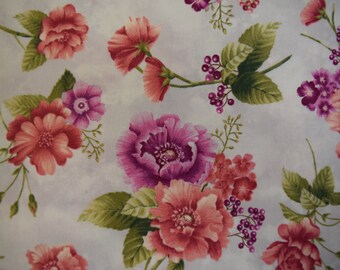 May include: A floral fabric with a white background and pink, purple, and green flowers. The fabric features a repeating pattern of flowers and leaves.