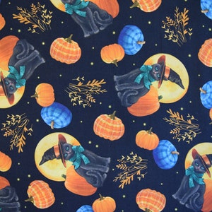Halloween Kitty and Pumpkins from The Abra-Cat-Dabra Collection by Gina Jane for Quilting Treasures. Fabric by the Yard #2598