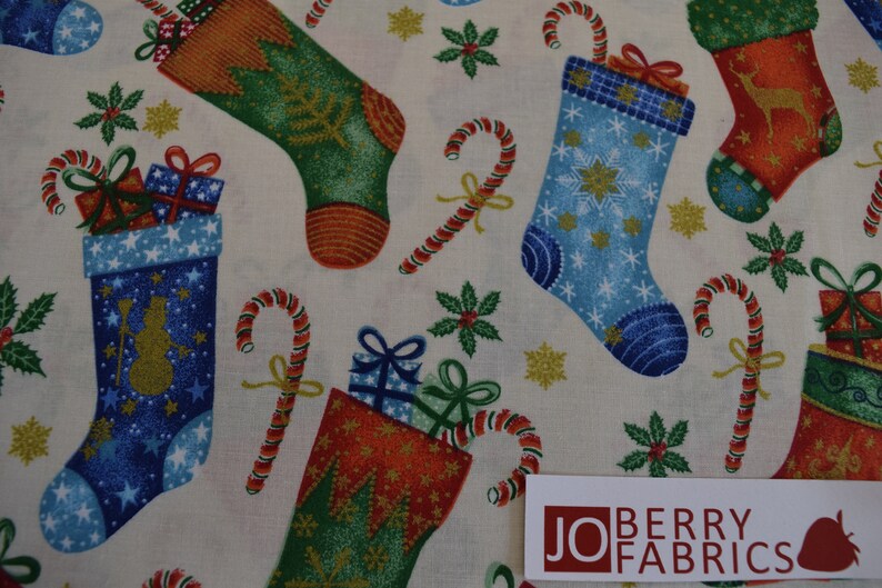 Christmas Stockings from Merry Christmas Metallics by Choice Fabrics, Quilt or Craft Fabric, Fabric by the Yard. image 1