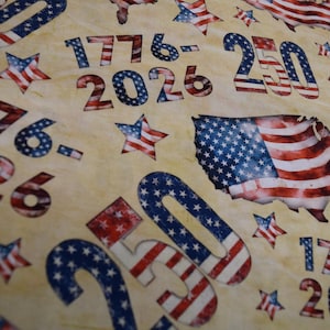 May include: A fabric with a patriotic design featuring the American flag, stars, and the numbers "1776-2026" and "250" in red, white, and blue. The design includes a map of the United States.