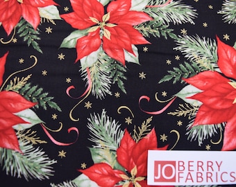 Poinsettias from the Christmas Village Collection.  Quilt or Craft Fabric, Fabric by the Yard.