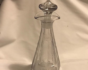 Oil & Vinegar Glass Cruet Bottle w/ Stopper, Vintage Floral Design Etched on Pressed Clear Glass, Formal Dining Table Condiment Bottle