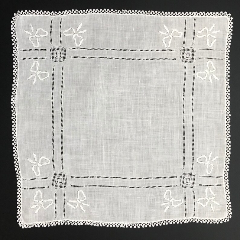 Bow Shape Appliqu\u00e9s /& Removed Thread Accent Lines on Sheer White Cotton w Tatted Lace Edge New Unused Vintage Handkerchief Hankie Hanky