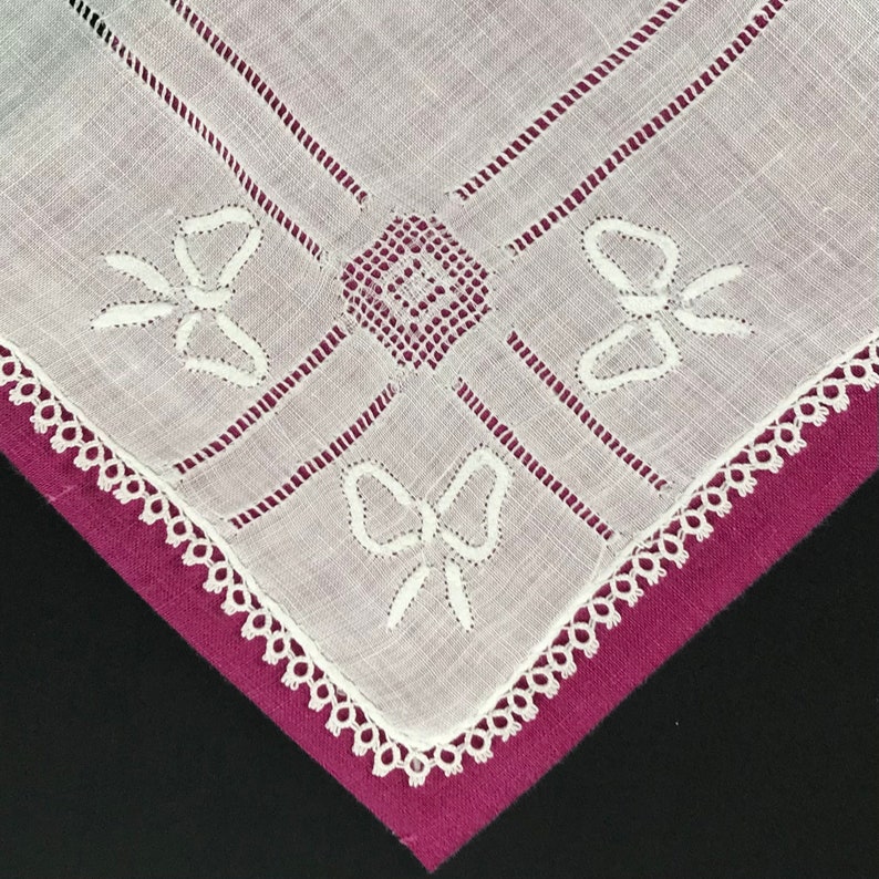 Bow Shape Appliqu\u00e9s /& Removed Thread Accent Lines on Sheer White Cotton w Tatted Lace Edge New Unused Vintage Handkerchief Hankie Hanky