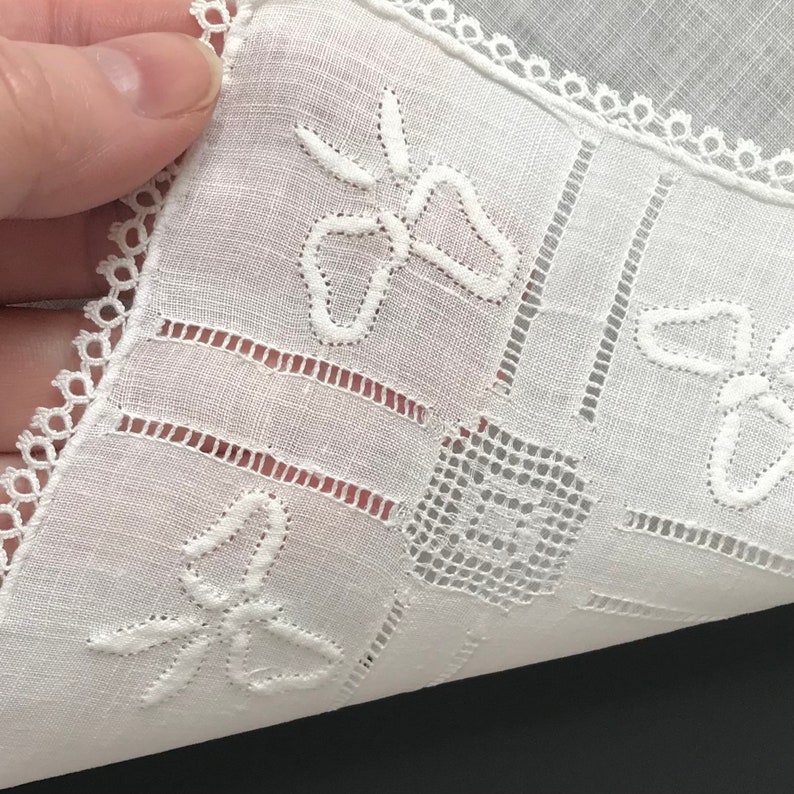 Bow Shape Appliqu\u00e9s /& Removed Thread Accent Lines on Sheer White Cotton w Tatted Lace Edge New Unused Vintage Handkerchief Hankie Hanky