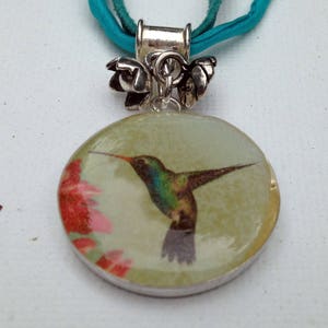 Hummingbird picture pendant (teal double cord) necklace