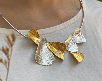 Silver or partial gold coated leaves collar necklace (N0124)