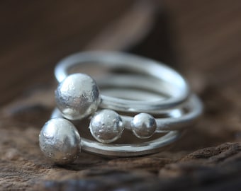 Set of three stackable  handmade silver rings with organic-shape beads (R0055)