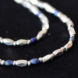 Handmade necklace with diamond shape silver and barrel-shape lapis lazuli beads N0045 image 1