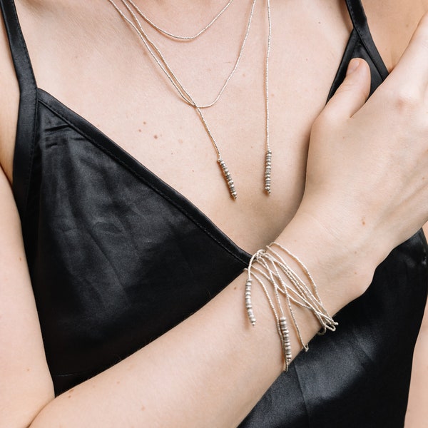 Single strand wraparound necklace/bracelet in handmade silver beads (N0116)
