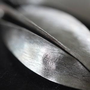 Puede incluir: Primer plano de dos cucharas plateadas con superficies texturizadas. Las cucharas est&aacute;n muy juntas, con sus bordes curvos enfrentados. Las cucharas tienen un aspecto de metal cepillado, reflejando la luz y creando reflejos.