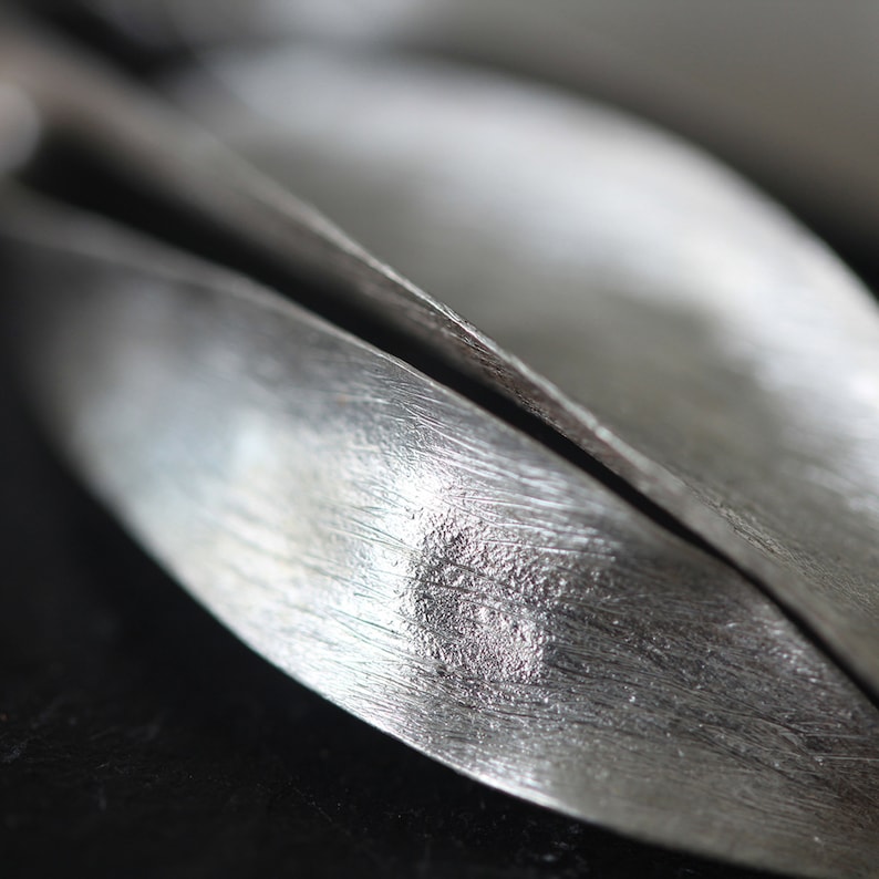 Puede incluir: Primer plano de dos cucharas plateadas con superficies texturizadas. Las cucharas est&aacute;n muy juntas, con sus bordes curvos enfrentados. Las cucharas tienen un aspecto de metal cepillado, reflejando la luz y creando reflejos.