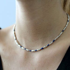 Handmade necklace with diamond shape silver and barrel-shape lapis lazuli beads N0045 image 5