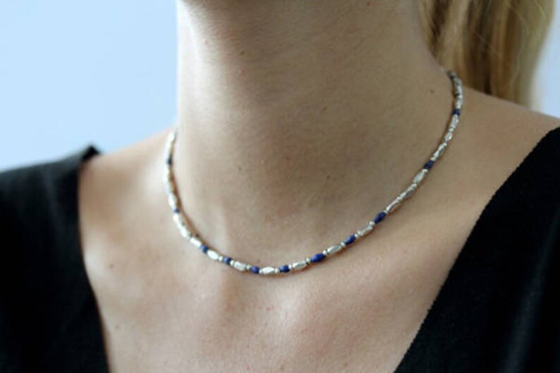 Handmade necklace with diamond shape silver and barrel-shape lapis lazuli beads N0045 image 5