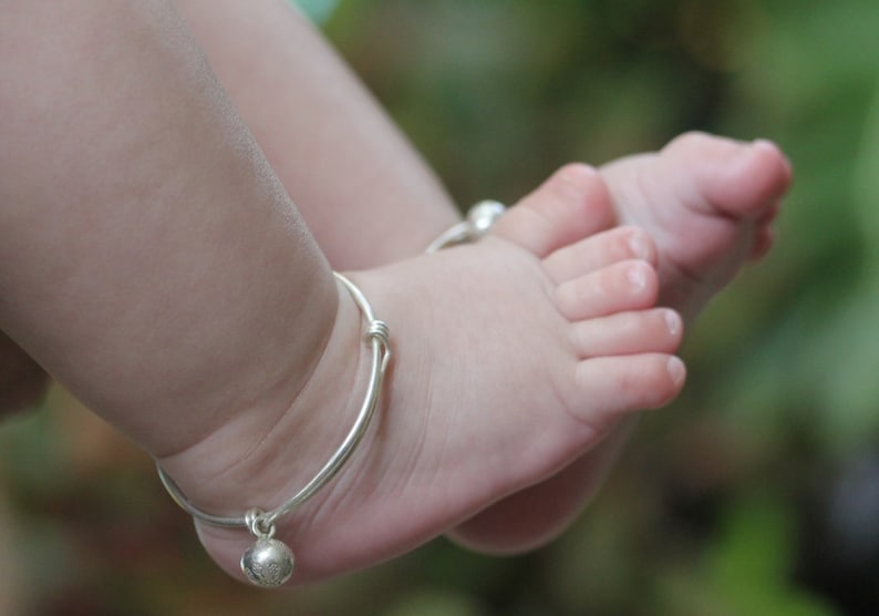 Pair of handmade silver baby anklets with decorated bells BA Etsy