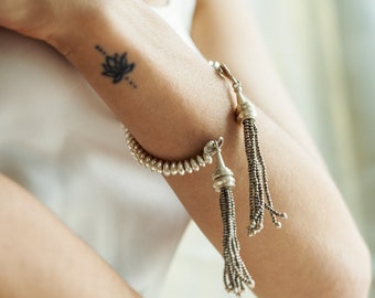 Handmade silver beads open bangle with tassel endings (B0097A)