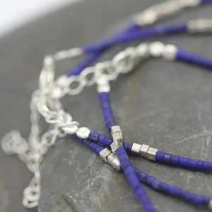 Turquoise or lapis lazuli and cube silver beads bracelet with adjustable chain B0071 image 6