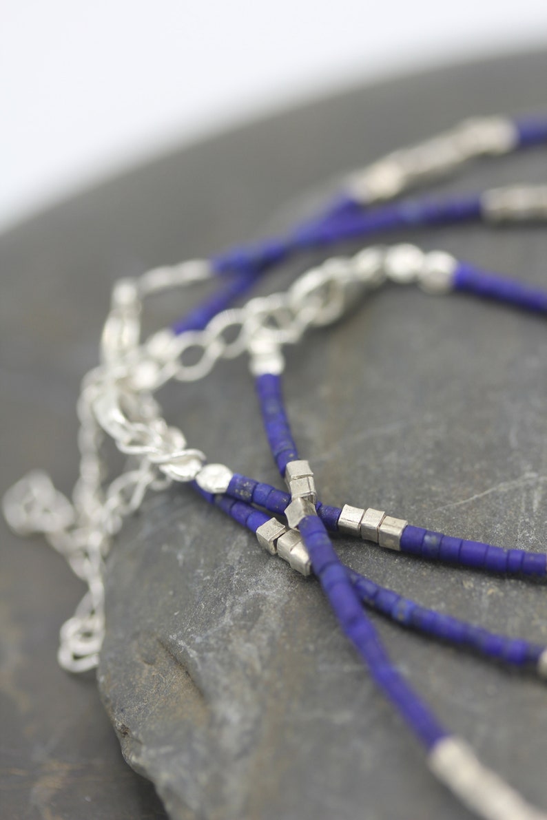 Turquoise or lapis lazuli and cube silver beads bracelet with adjustable chain B0071 image 6