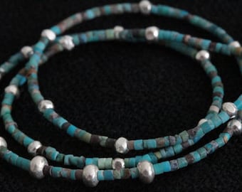 Blue and brown Turquoise and silver beads necklace (N0036)