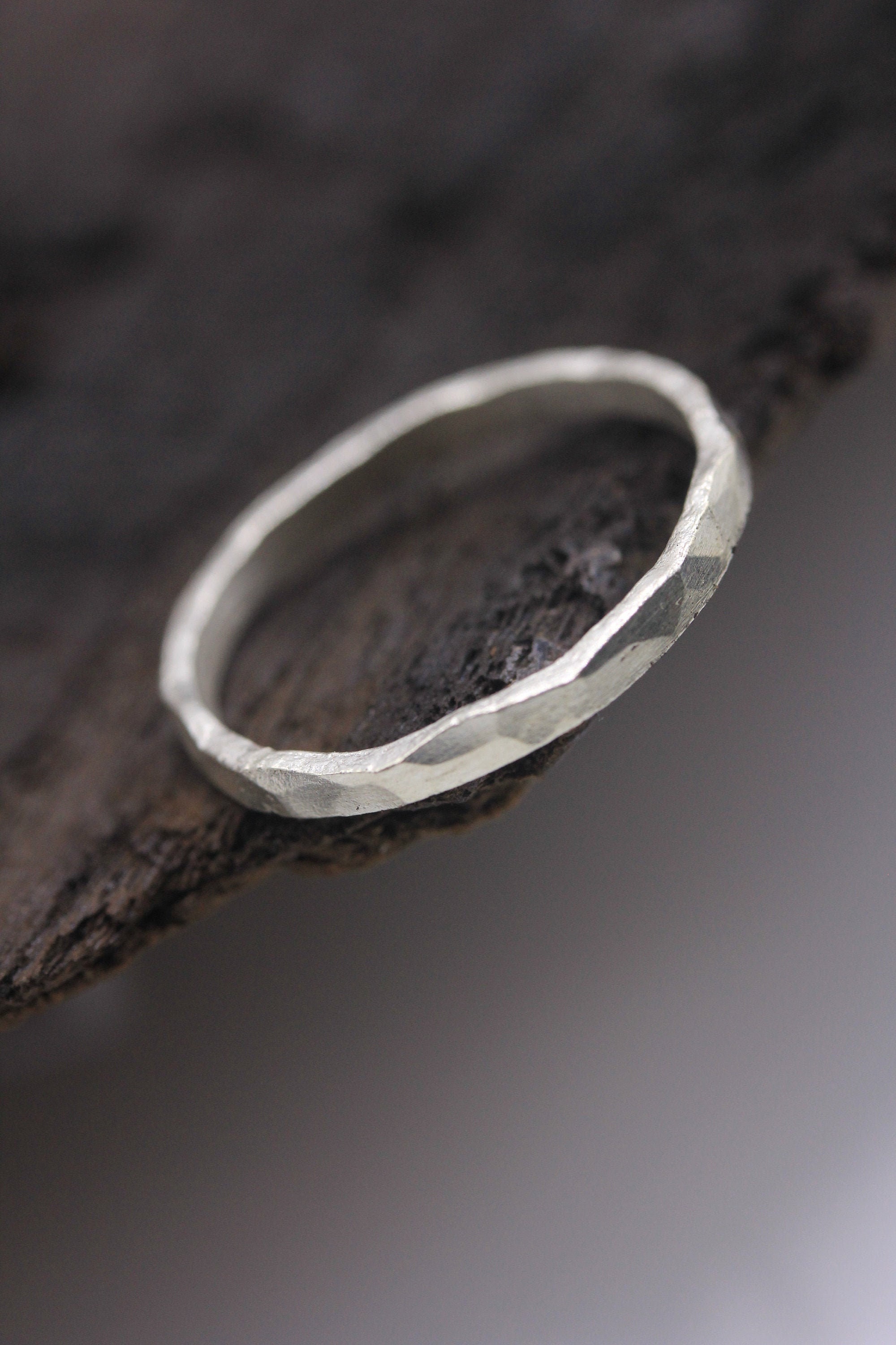 Square Profile Handmade Silver Ring With Hammered Faceted
