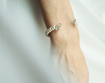 Handmade silver beads open bangle with spiral endings (B0097)